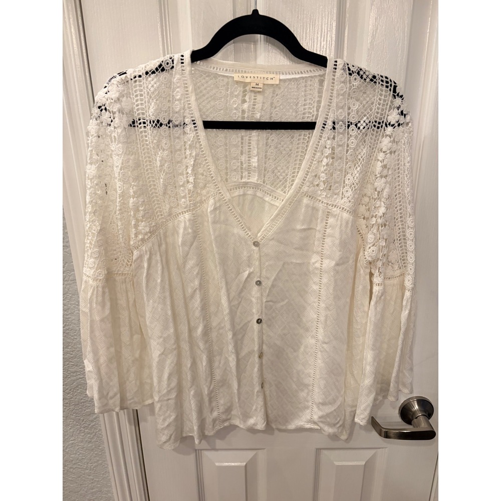 Lovestitch Blouse White Crochet Lace Boho Bell Sleeve Button Down Top M